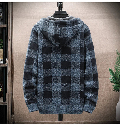 Men's Winter Plaid Hooded Cardigan – Warm Wool Fleece Zipper Jacket Knit Sweater Coat