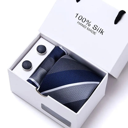 100% Silk Tie Gift Set - Classic Striped Wedding Necktie with Handkerchief for Men