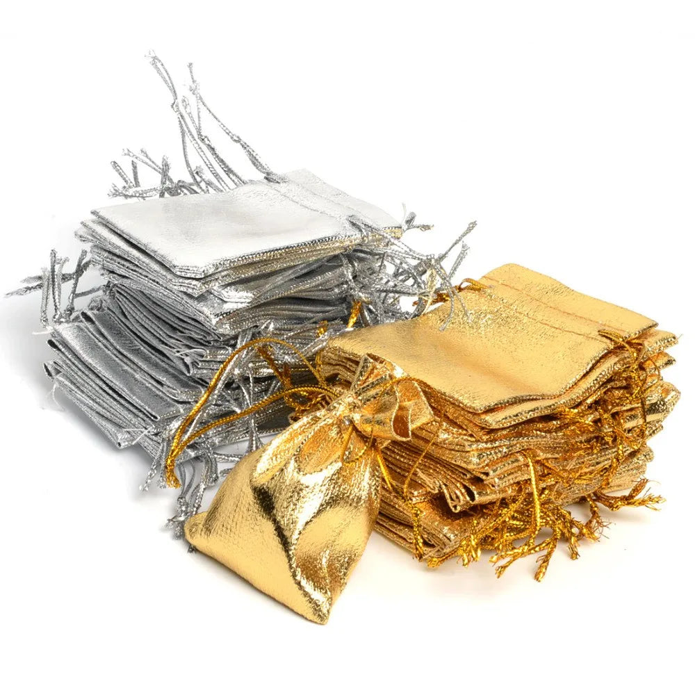 50-Pack Adjustable Jewelry Packing Bags – Gold & Silver Drawstring Party, Candy & Wedding Gift Bags (7x9cm & 9x12cm)