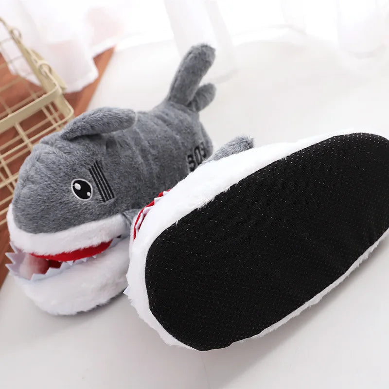 Feerldi Shark Winter Slippers — Cartoon Anime Slip-On Fish Slides for Girls, Boys & Women, Plush Open-Mouth Cotton Shoes