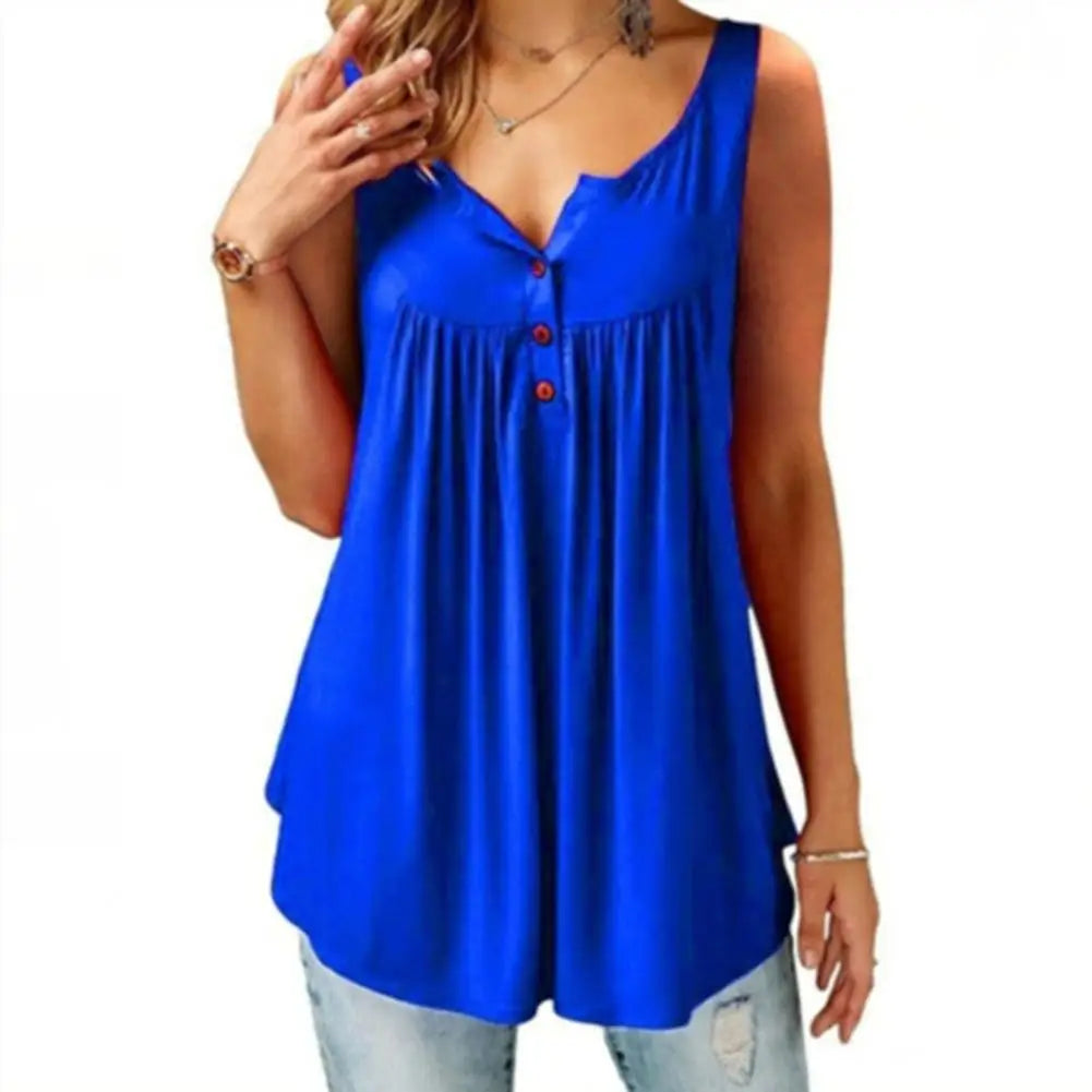 Women’s Loose U Neck Tank Top - Sleeveless Pleated Button Camisole Summer Vest