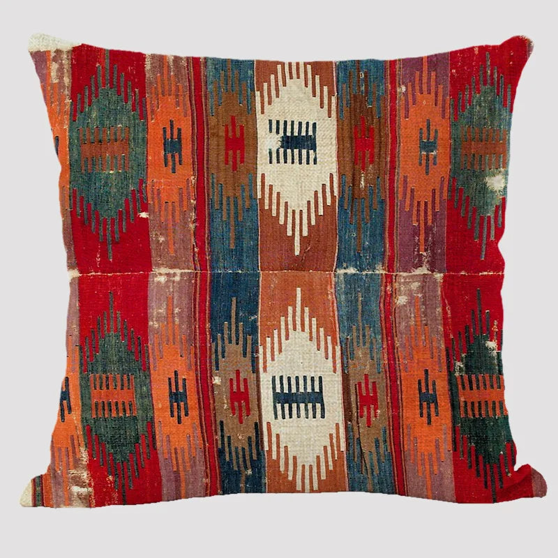 Bohemian Linen Cushion Cover – Multicolor Ethnic Geometric Pattern Decorative Pillow for Living Room Sofa
