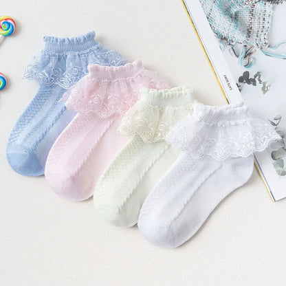 10-Pair Baby Girls’ Lace Ruffle Socks - Breathable Cotton Ankle Socks for Toddlers & Kids