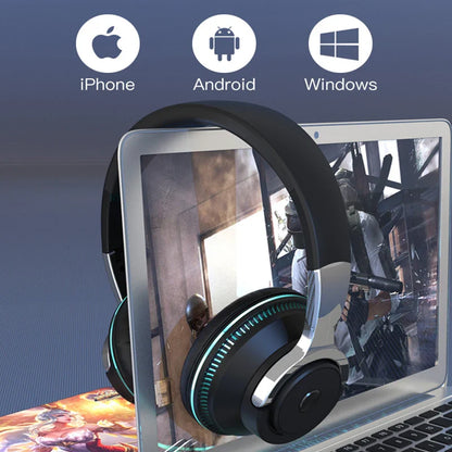 Bluetooth Headphones with Noise Reduction, Wireless Headset for Phones and PC, Gaming Headset with Heavy Bass and Colorful LED Lights