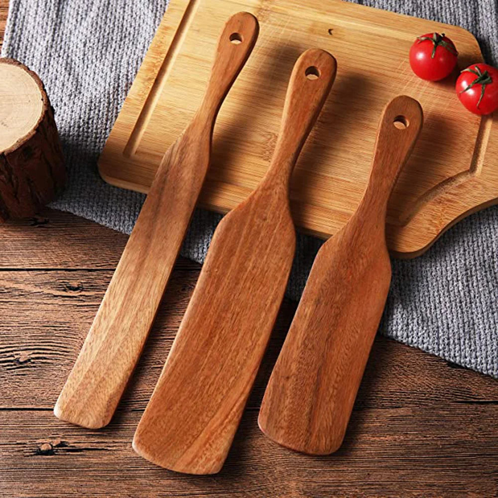 1-7pcs Teak Wood Tableware Set – Natural Wooden Spoons, Colander Spoon & Soup Skimmer Cooking Tool Kit