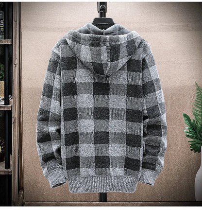 Men's Winter Plaid Hooded Cardigan – Warm Wool Fleece Zipper Jacket Knit Sweater Coat