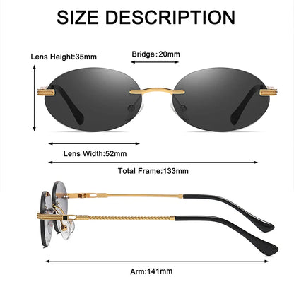 Retro Oval Rimless Sunglasses – Blue Mirror Gold Metal UV400 for Men & Women