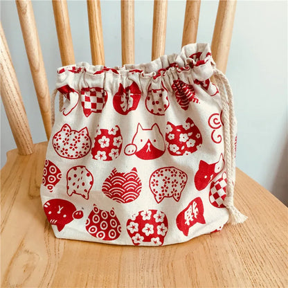 Lucky Cat Drawstring Lunch Bag — Portable Bento Box Pouch for Kids, Cooler & Picnic Food Storage