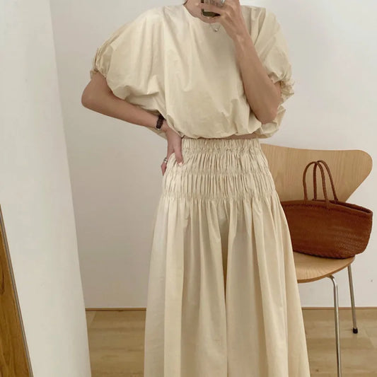 Oversized Summer Women’s 2-Piece Skirt Set – Puff Sleeve Crop Top & Pleated A-Line Long Skirt