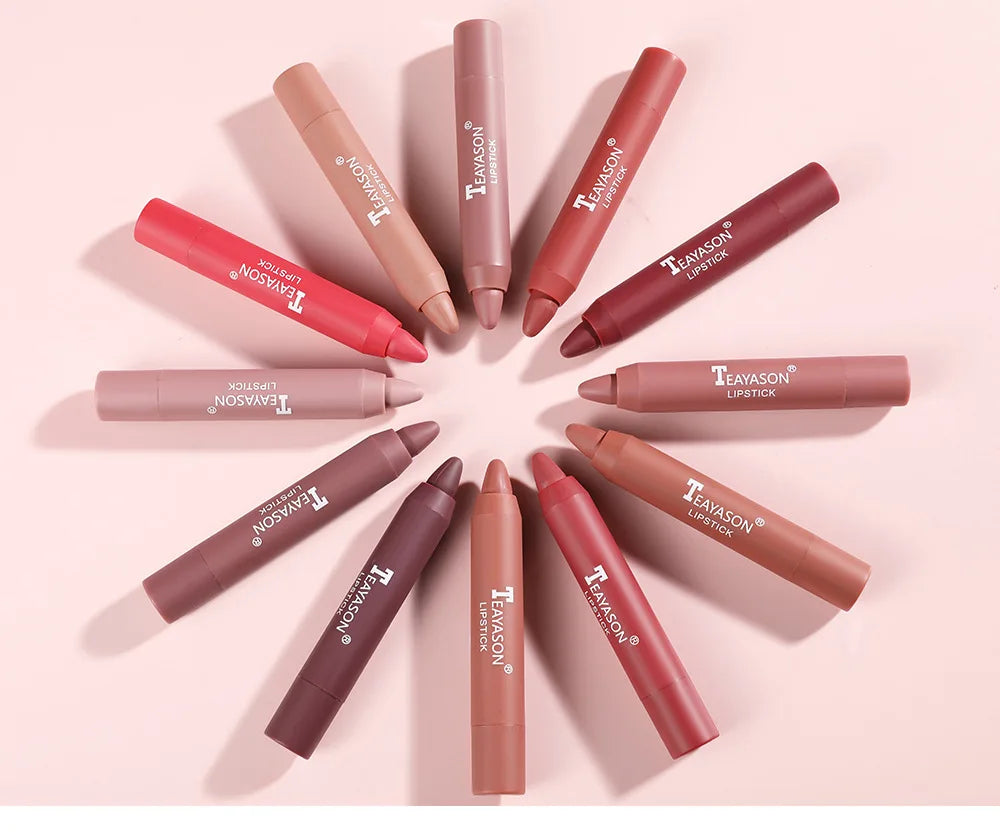12-Color Natural Matte Lipstick Pencil – Silk Lip Glaze Waterproof, Long-Lasting Sexy Lip Tint Makeup