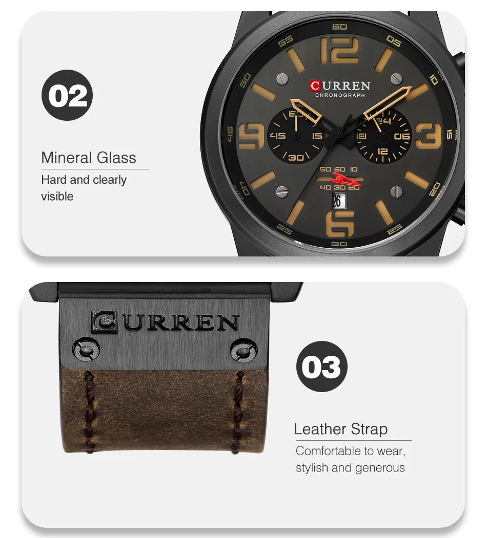 CURREN Men's Luxury Waterproof Sport Watch – Chronograph Quartz Military Wristwatch with Genuine Leather Strap