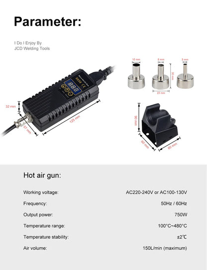 JCD 750W Heat Gun – Digital Display Micro Rework Soldering Station & Hot Air Gun for Welding & Repair, Model 8858