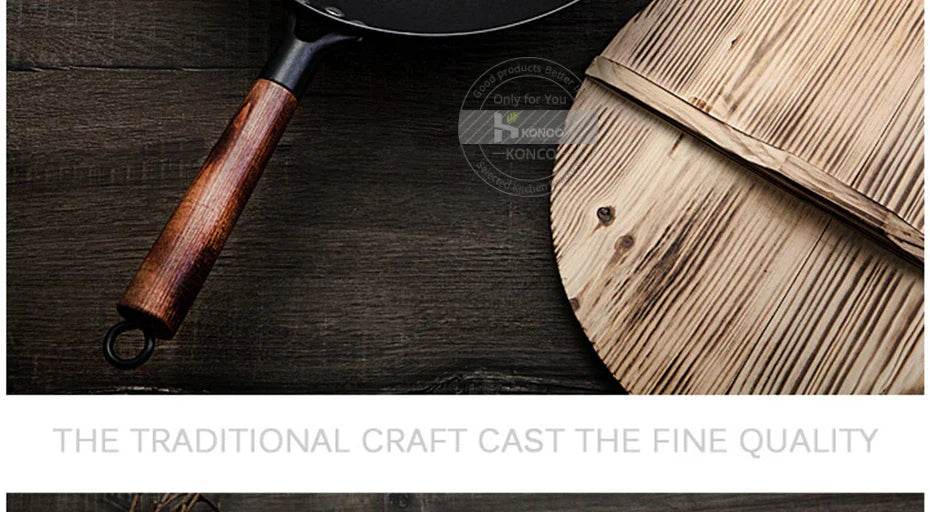 Konco 32cm Cast Iron Wok – Non-Coated Chinese Cookware Pan for Gas & Induction Kitchen Use