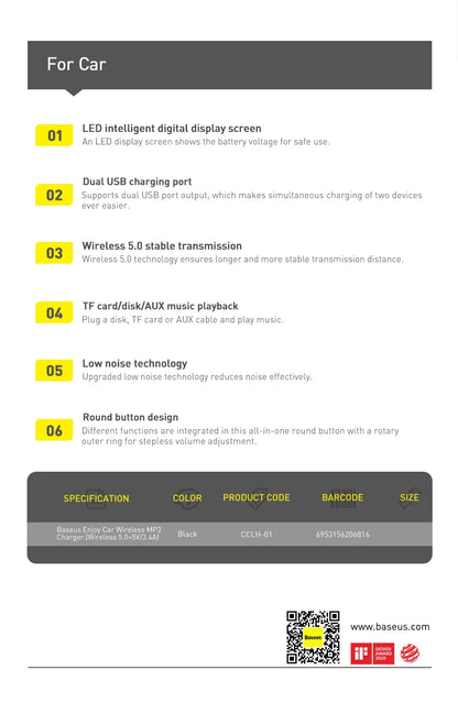 Baseus Bluetooth 5.0 FM Transmitter – Wireless Car Kit with USB Fast Charger, AUX, MP3 Player & Hands-Free Calling