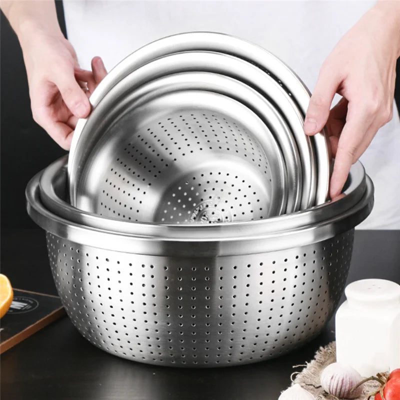 Stainless Steel Drain Basket Colander – Round Rice Cleaning Sieve & Fruit Vegetable Washing Strainer for Kitchen Use