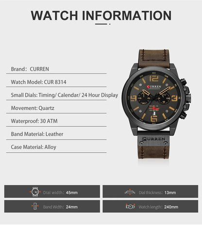 CURREN Men's Luxury Waterproof Sport Watch – Chronograph Quartz Military Wristwatch with Genuine Leather Strap