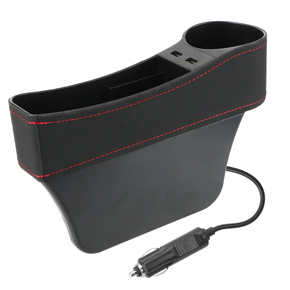 Car Seat Gap Organizer – Leather Auto Crevice Storage Box with Cup & Phone Holder, USB Option