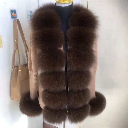 Women’s Spring & Autumn Sweater Cardigan – Real Fox Fur Collar Jacket, Natural Fur Outerwear