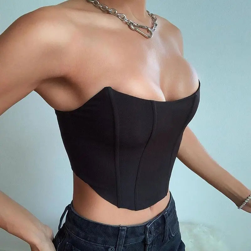 Off-Shoulder Sleeveless Velvet Corset Crop Top: Fashionable Sexy Female Underwear - Backless Bustier Top in Solid Colors