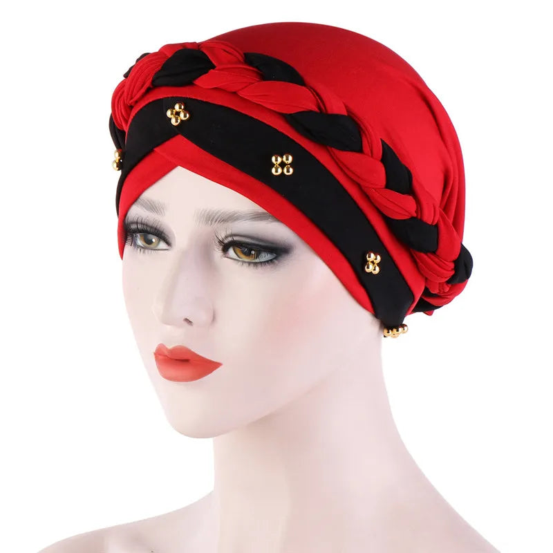 Women’s Cotton Head Scarf – Solid Turban Bonnet Hijab Cap with White Pearl Inner, Muslim Arab Wrap