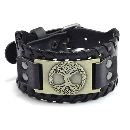 Totem Design Wide Leather Pirate Compass Bracelet - Men's Celtic Viking Jewelry, Party Gift Accessories