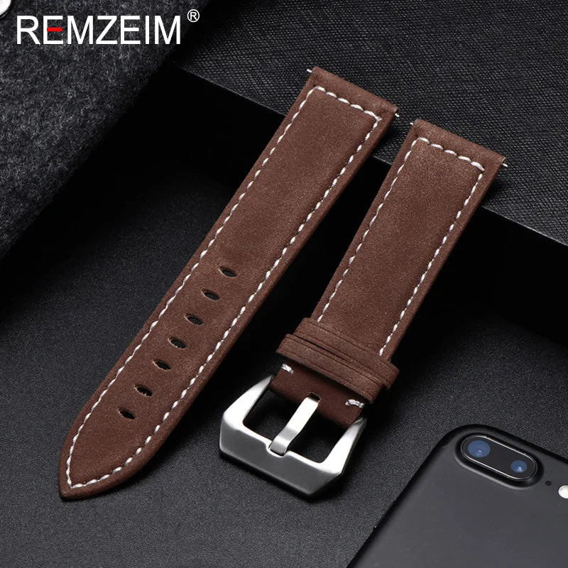 Genuine Leather Watch Band – Vintage Matte Black, Blue & Brown Strap for Men & Women, 18mm-24mm Wrist Bracelet