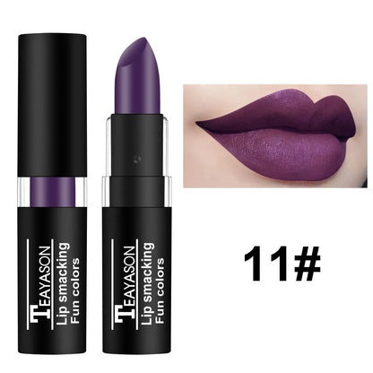 12 Color Waterproof Lipstick – Long-Lasting Matte Lip Gloss in Black, Blue, Purple, Green & Red