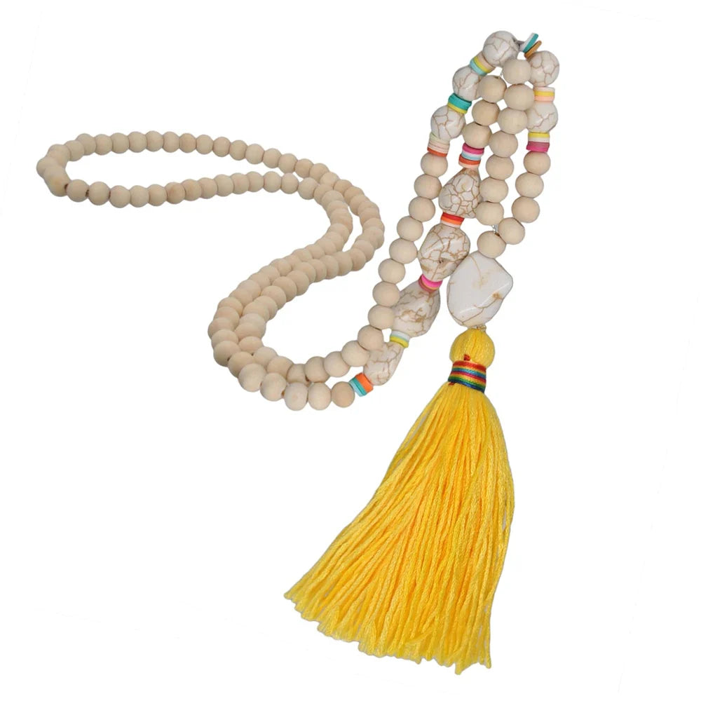 Wooden Bead Tassel Long Necklace - Bohemian Summer Beach Sweater Chain for Women | Mother's Day Gift