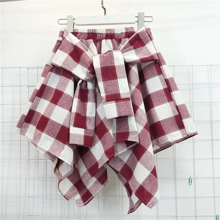 TOTRUST Women’s Fashion Asymmetrical Summer Plaid Mini Skirt – Casual College Style Fake Shirt Design