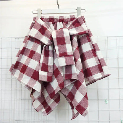 TOTRUST Women’s Fashion Asymmetrical Summer Plaid Mini Skirt – Casual College Style Fake Shirt Design