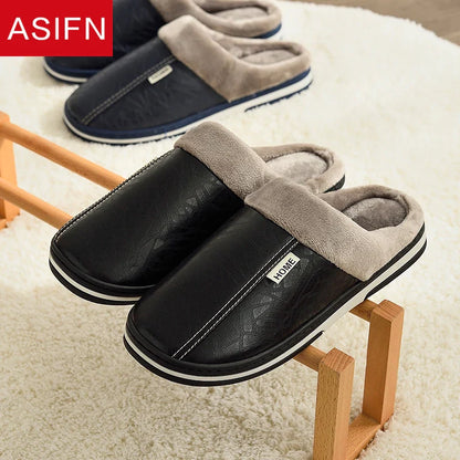 Men’s Large Size Winter Slippers — Waterproof PU Leather Indoor Home Shoes with Fur Cotton, Flat Bedroom Slippers