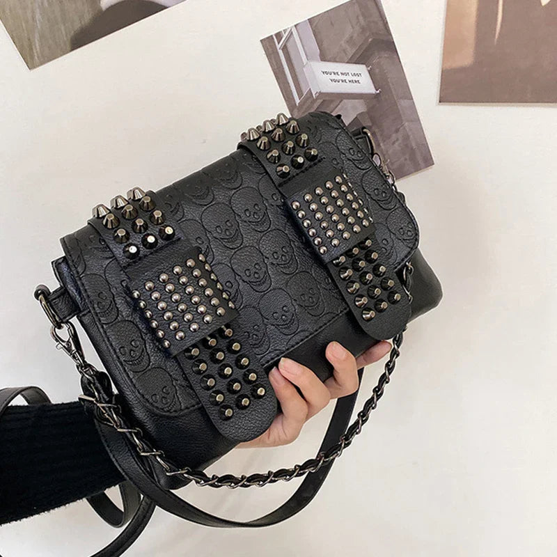 Vintage Skull Rivet PU Leather Shoulder Bag — Women’s Black Crossbody Flap Messenger Handbag