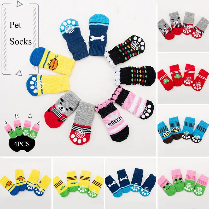 4pcs Warm Puppy Dog Socks: Soft Pet Knits Cartoon Anti-Slip Shoes - Cute Accessories for Small-Medium Dogs