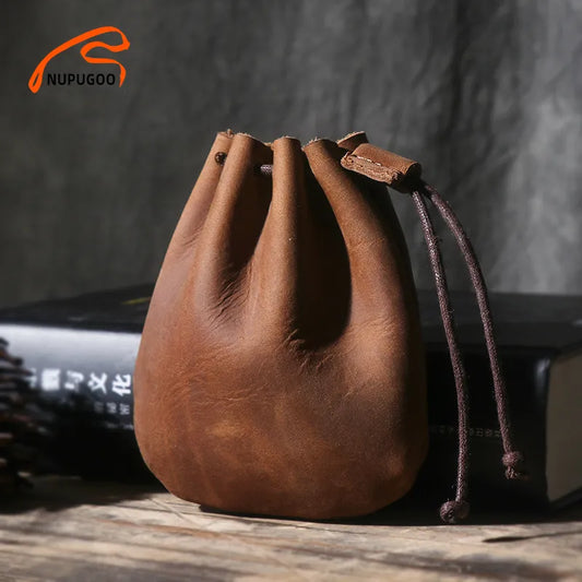 Vintage Genuine Leather Coin Purse: Casual Small Wallet for Men & Women - Hard Leather Money Pocket Drawstring Storage Bag by NUPUGOO