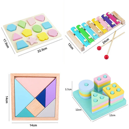 Hot Kids Montessori Wooden Toys – Macaron Blocks, Music Rattles, Colorful Educational Learning Blocks for Babies