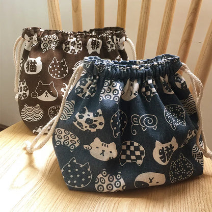 Lucky Cat Drawstring Lunch Bag — Portable Bento Box Pouch for Kids, Cooler & Picnic Food Storage
