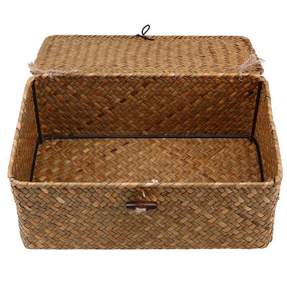 Rectangular Hand-Woven Rattan Wicker Storage Basket - Desktop Organizer for Sundries and Clothes Container