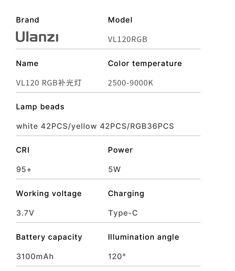 Ulanzi VL120 Full Color RGB Video Light – Dimmable 2500K-9000K LED Photography & Vlog Fill Light for Cameras