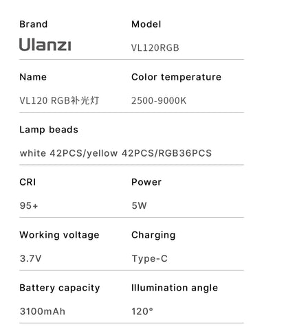 Ulanzi VL120 Full Color RGB Video Light – Dimmable 2500K-9000K LED Photography & Vlog Fill Light for Cameras