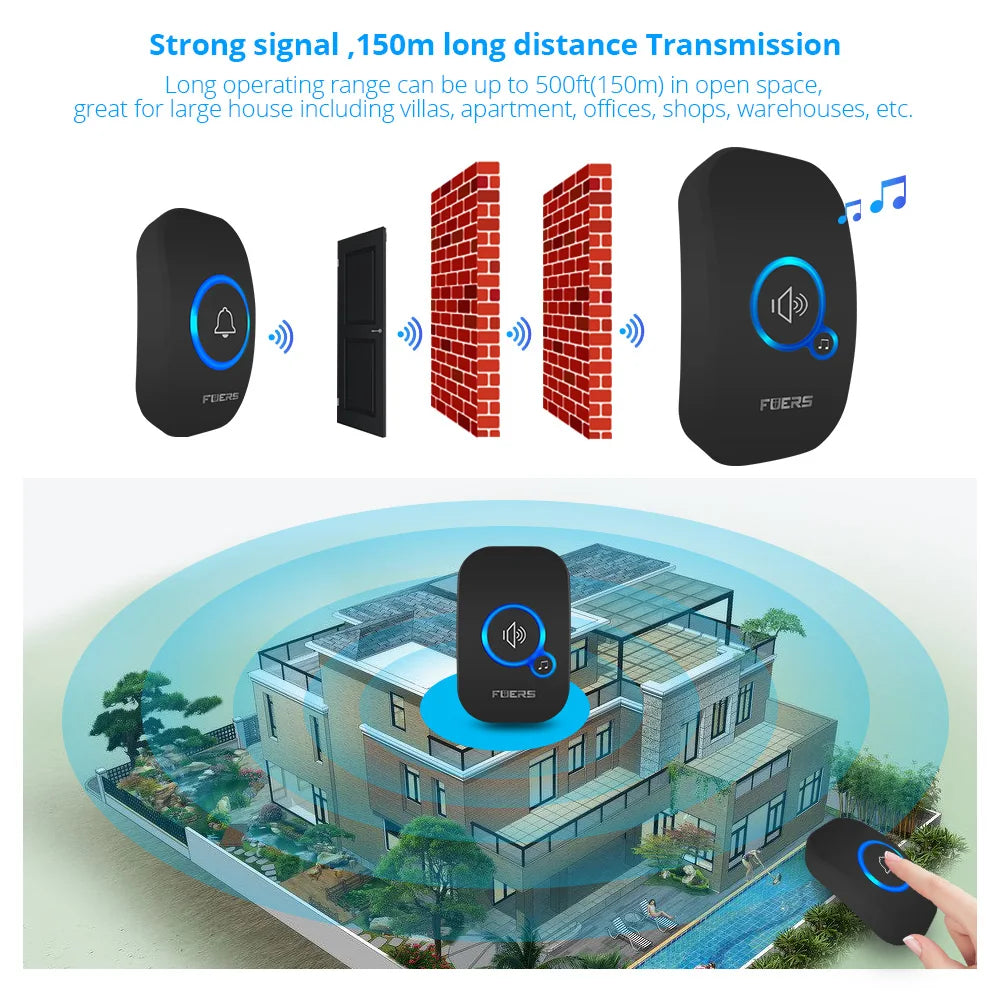 Fuers Wireless Smart Doorbell - Long-Range 150M Home Welcome Bell with 32 Songs, Colorful Chimes and Ringtones