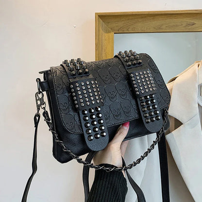 Vintage Skull Rivet PU Leather Shoulder Bag — Women’s Black Crossbody Flap Messenger Handbag