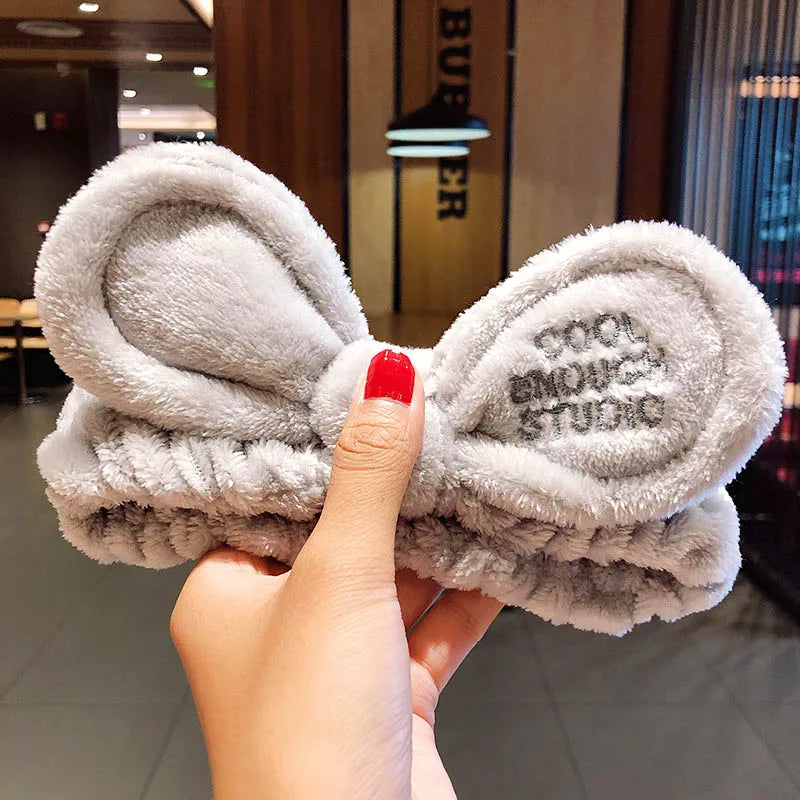 Soft Coral Fleece Bow Headband – Wash Face Hair Holder with Animal Ears for Women & Girls