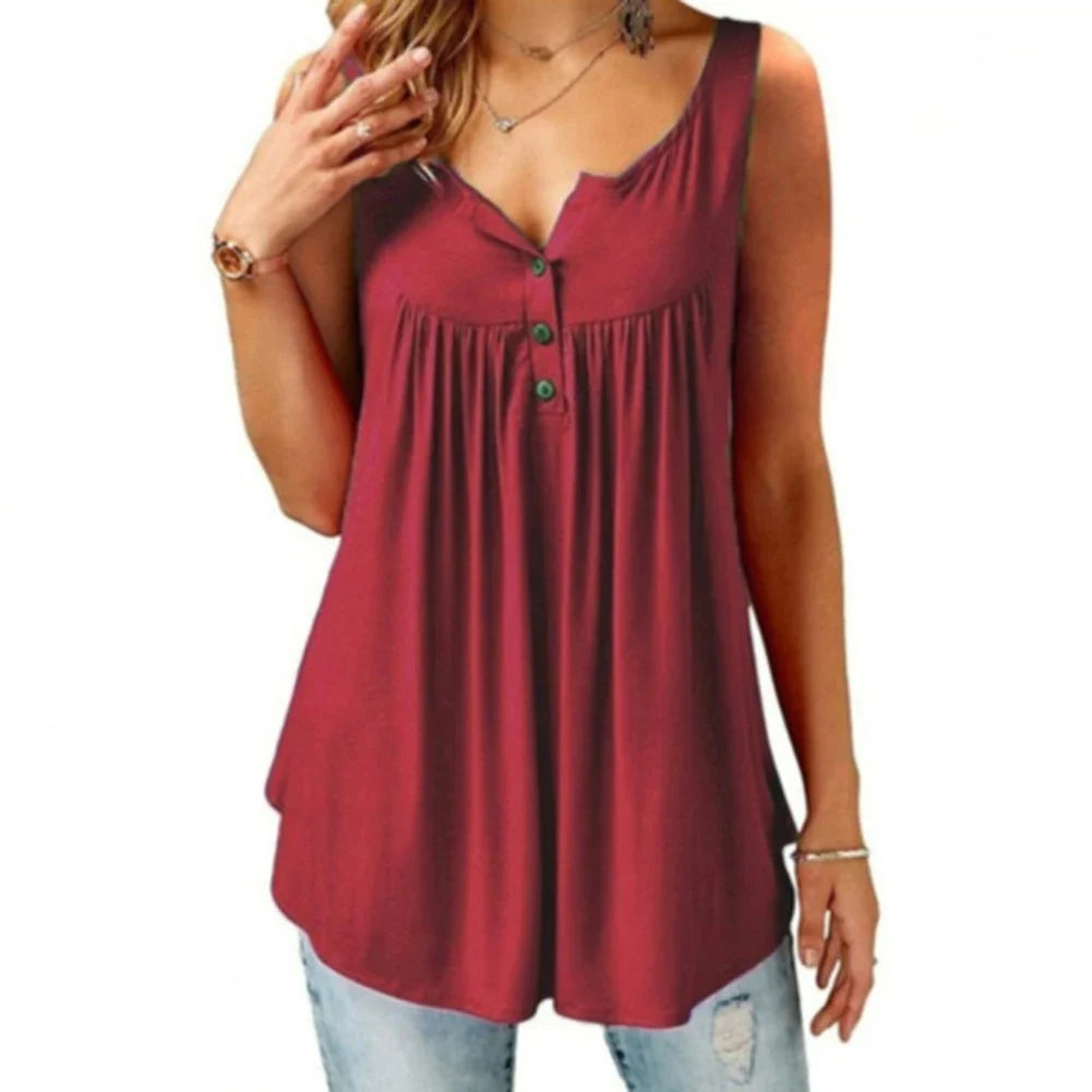 Women’s Loose U Neck Tank Top - Sleeveless Pleated Button Camisole Summer Vest