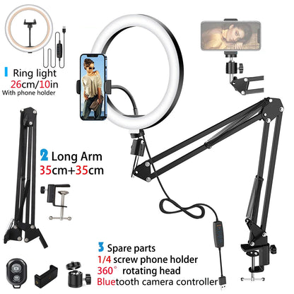 LED Selfie Ring Light with Phone Stand – Folding Arm, Dimmable Circle Fill Light & Tripod for YouTube & Streaming