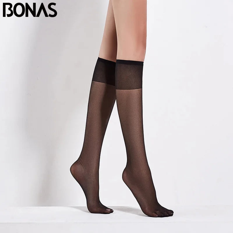 Women’s 20D Knee-High Stockings - 4-Pair Set of Sheer Transparent Long Socks