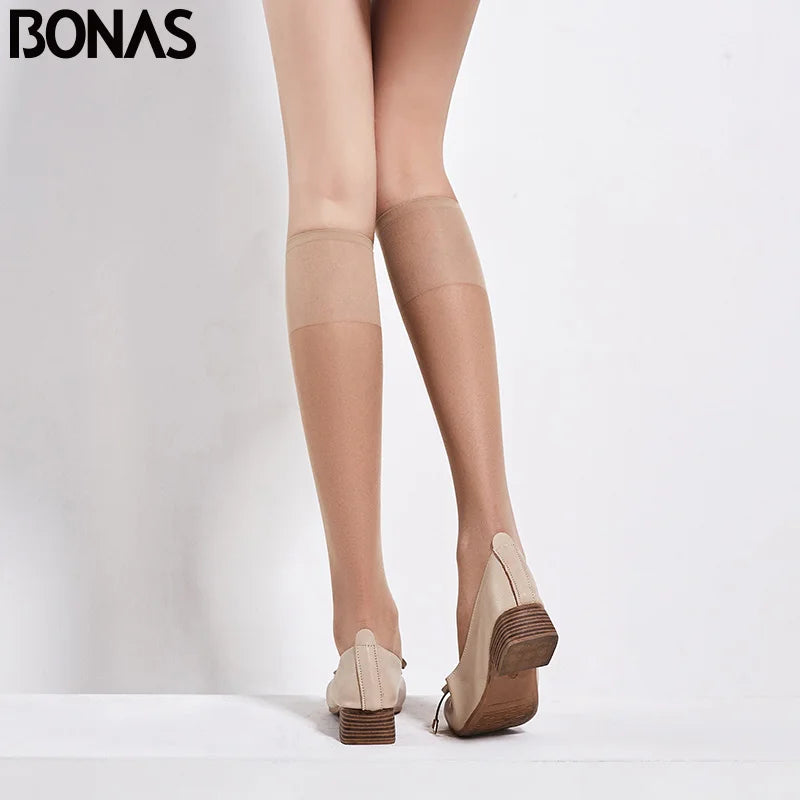 Women’s 20D Knee-High Stockings - 4-Pair Set of Sheer Transparent Long Socks