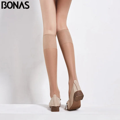 Women’s 20D Knee-High Stockings - 4-Pair Set of Sheer Transparent Long Socks