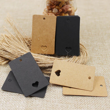 100pcs Black & Kraft Paper Gift Tags – 5×3cm Rectangular Heart Hollow Labels with 100 Hemp Strings for Hand Drawn or DIY Gift Tags