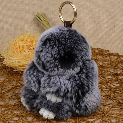 Genuine Rex Rabbit Fur Keychain - Fluffy Bunny Bag Charm and Car Pendant for Women