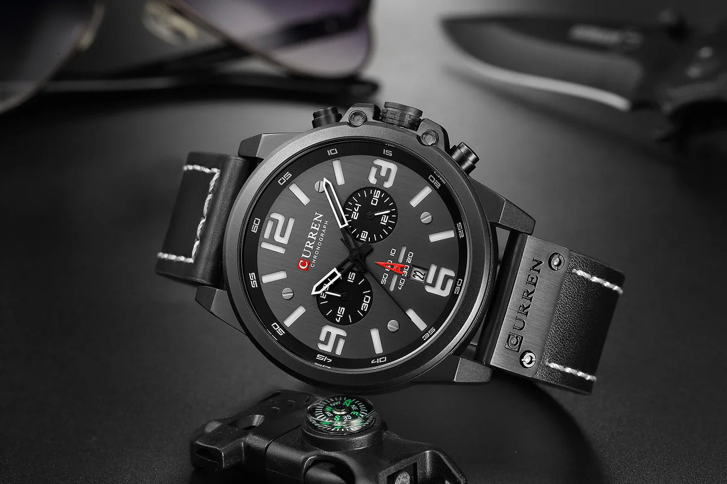 CURREN Men's Luxury Waterproof Sport Watch – Chronograph Quartz Military Wristwatch with Genuine Leather Strap